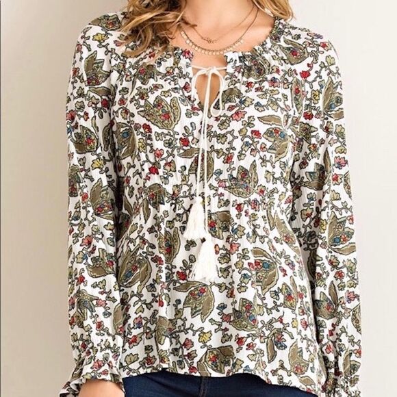 UO Floral Printed Boho Peasant Blouse Tie - Picture 1 of 8